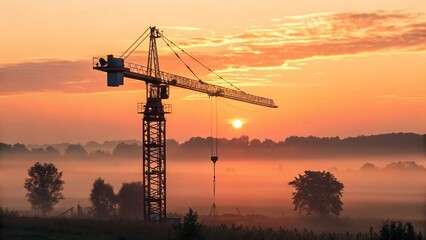 Naklejka premium Striking image of a solitary construction crane at dawn, its imposing structure highlighted against an vibrant orange and yellow sky, as a soft mist hovers over the distant trees