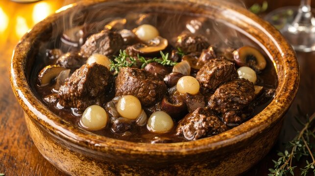 Beef bourguignon in rustic ceramic cocotte with tender beef chunks, pearl onions, mushrooms in rich burgundy sauce, premium restaurant presentation on wooden table