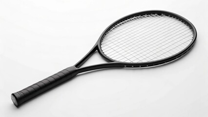 A sleek, black tennis racket lies diagonally on a clean white background, showcasing its modern design and tightly strung face