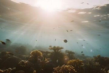 Naklejka premium Underwater Ocean Scene with Marine Life and Seascape Elements