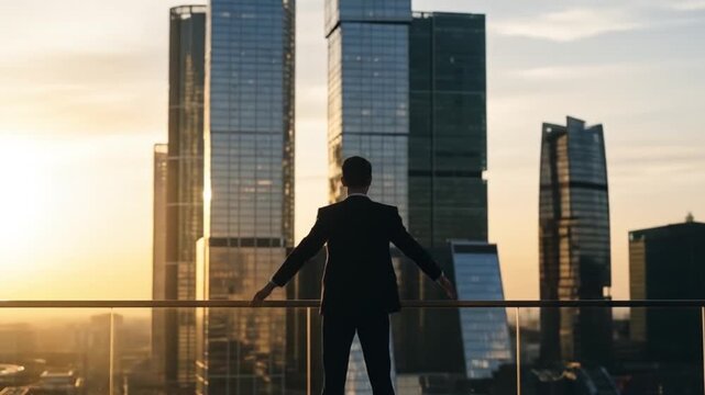 Options playing with angles, sunset in Moscow Skylines, visualizing crypto wealth, contemplating blockchain future. Perfect for cryptocurrency, finance, and business concepts.