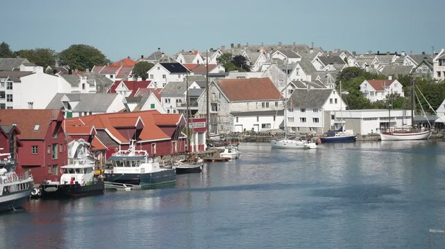 View of waterside architecture in Haugesund from Risoy Bridge on a sunny day, Haugesund, Rogaland County, Norway, Scandinavia, Europe