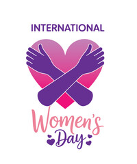 International women's day symbol with wings and hearts, A festive graphic celebrating International Women's Day with elegant script lettering and decorative hearts in pink and purple