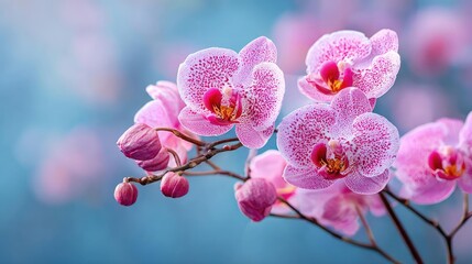Orchid mood for floral echo concept. Stunning close-up of vibrant pink orchids on a soft blue background.