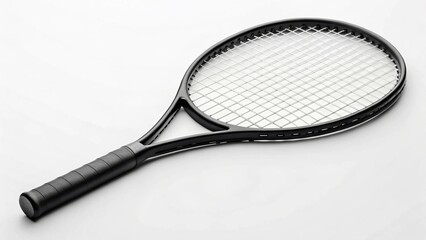 A stark, overhead view of a black tennis racket against an immaculate white background, creating strong contrast and emphasizing its classic form