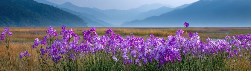 Obraz premium Orchid mood for floral echo concept. Vibrant purple flowers blooming in a scenic mountain landscape.