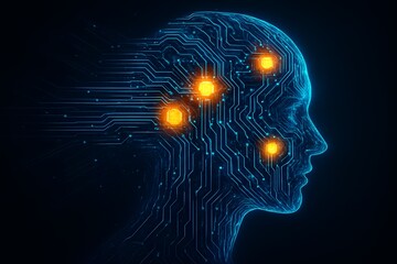 Futuristic Humanoid Head Featuring Circuit Board Design and Glowing Nodes, Artificial Intelligence