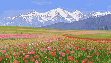 Fototapeta premium Liquid Light Tulip field view isolated watercolor vector illustration svg
