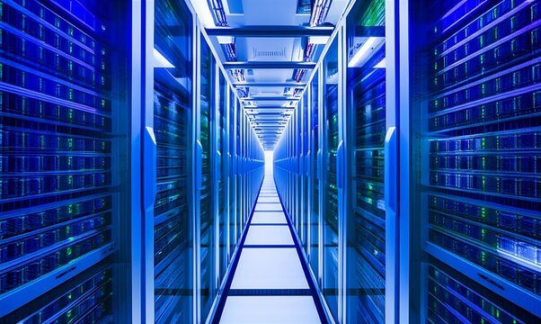 Illuminated data center interior showcasing densely packed server racks with vibrant, blinking LED lights, signifying active network operations and technological infrastructure.