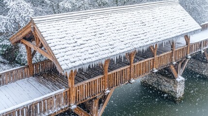 Winter bridge frost covered wooden bridge with icicles hanging from snow-laden roof traditional timber construction