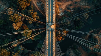 Bridge structural angles overhead perspective cable-stayed radiating cable system central tower autumn forest landscape