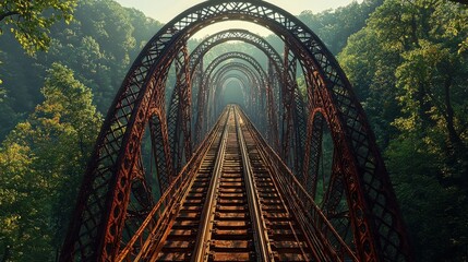 Bridge arch geometry railroad bridge riveted steel arches forest environment industrial heritage transportation corridor perspective view