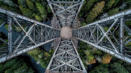 Bridge engineering innovations overhead perspective vintage steel truss railway bridge displaying geometric structural patterns crossing wooded valley