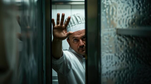 A chef in a restaurant kitchen, frantically signaling for help as an emergency situation unfolds.