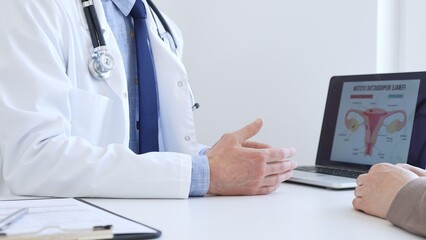 Doctor reviewing digital test results with patient, discussing health findings on laptop screen...