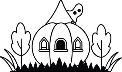  cute pumpkin house with ghost add grass and a tree silhouette vector illustration