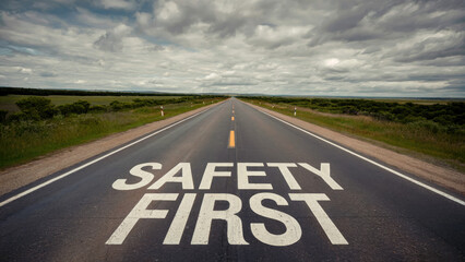 Vast open road with 'Safety First' painted on asphalt leading towards horizon under cloudy sky
