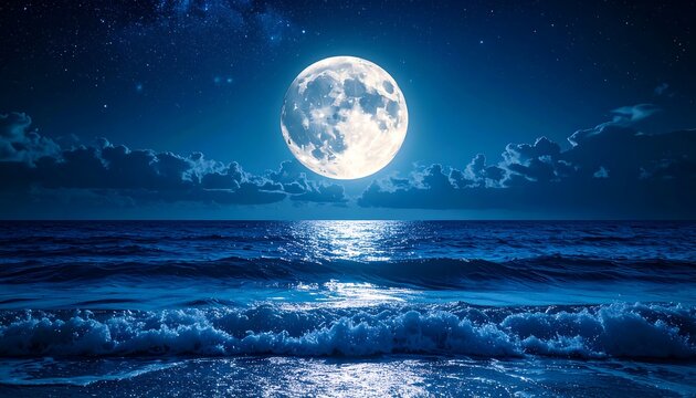 Full moon over a dark ocean shore at night