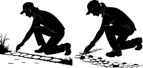 Silhouettes of People Laying Stone Pathways - Landscaping and Home Improvement