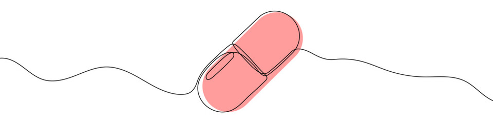 Pink capsule in one line art style. Capsule drawing with editable black stroke on white background. Vector illustration.