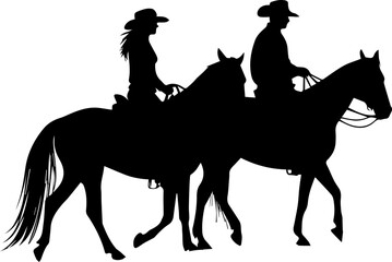 Western Horseback Riders Silhouettes - Cowboy and Cowgirl on Horses