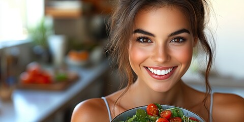 Photo of a beautiful smiling woman eating a healthy salad.
