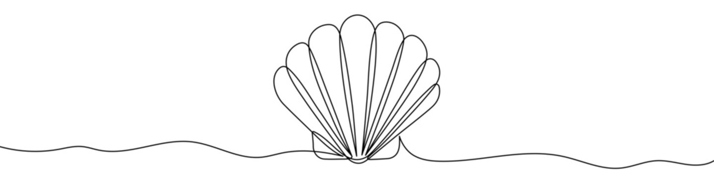 Seashell in one line art style. Seashell drawing with editable black stroke on white background. Vector illustration.