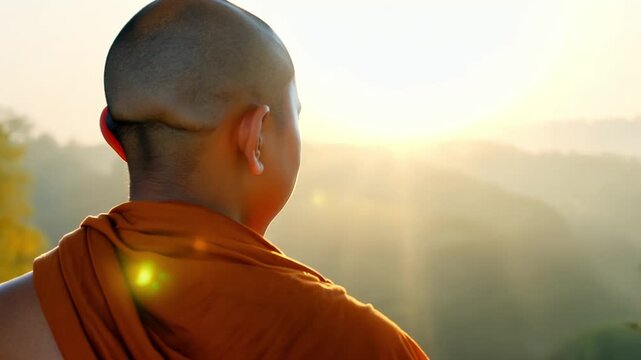 Young buddhist monk observing sunrise over misty valley