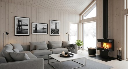 Fototapeta premium Modern Scandinavian Living Room with Gray Sofa White Coffee Table and Bridge Art