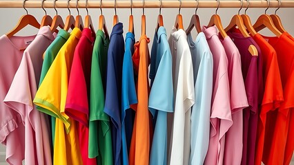 Fototapeta premium Vibrant rainbow-colored garments displayed neatly on wooden hangers in a minimalist style.