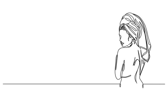 back view of woman after shower with towel wrapped around her head looking over shoulder, animated continuous line drawing, line art animation