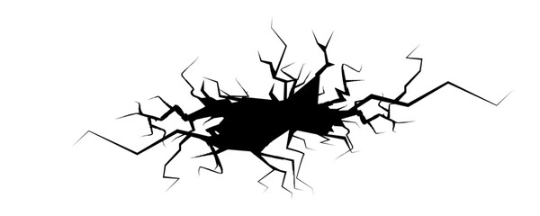 Wall crack icon. Hole in floor, broken glass symbol top view, break effect design