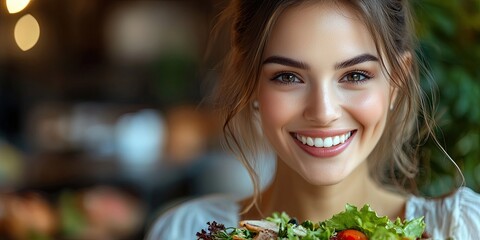 Photo of a beautiful smiling woman eating a healthy salad.