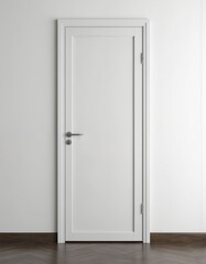 Naklejka premium Modern white door with sleek metal handle in minimalist interior design. Clean, simple room featuring white wall, dark parquet floor. Offers privacy, access, new contemporary style element for