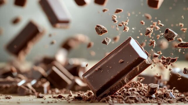 Dark chocolate bar & pieces in mid-air with crumbly pile on the surface