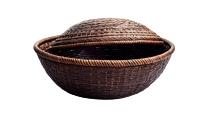 Dark rustic woven basket bowl with dome shaped fitted lid and textured pattern isolated on white background