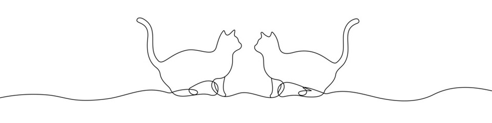 Two cats sitting together in one line art style. Cats drawing with editable black stroke on white background. Vector illustration.