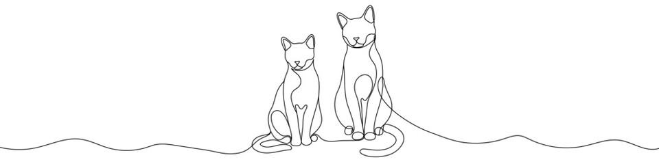 Two cats sitting together in one line art style. Cats drawing with editable black stroke on white background. Vector illustration.