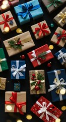 Christmas and New Year festive background with holiday gifts on a black backdrop, top view greeting card.
