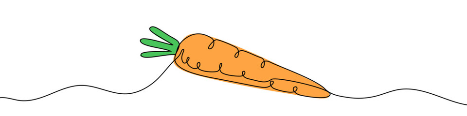 Orange carrot with green top in one line art style. Carrot drawing with editable black stroke on white background. Vector illustration.