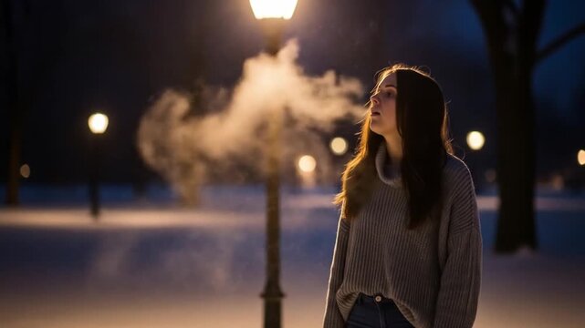 Young Woman's Visible Breath in Cold Winter Night Under Streetlight Glow