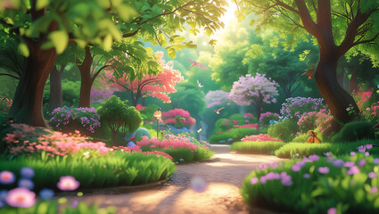 Obraz premium Enchanting lush garden path bathed in golden sunlight and blooming flowers