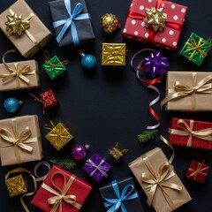 Christmas and New Year festive background with holiday gifts on a black backdrop, top view greeting card.
