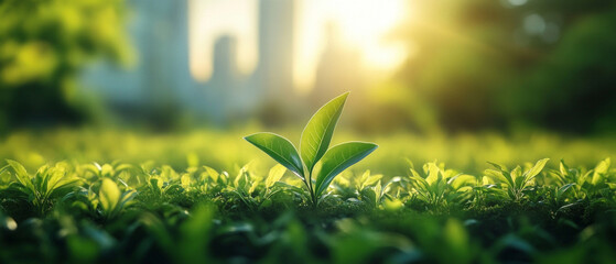 A young plant sprout against the background of a washed-out city. Environmental projects, articles about nature, advertisement of ecological products.