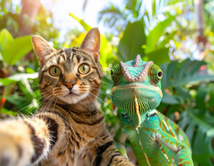 Cute Tropical Duo: Cat and Chameleon Taking a Selfie