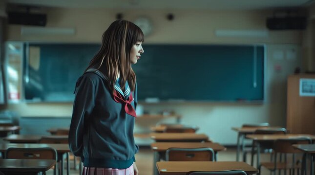 教室の黒板の前に立つ日本の女子高生の後ろ姿：学問的で思慮深い学校の瞬間｜女子高生,教室,黒板,学校,後ろ姿


