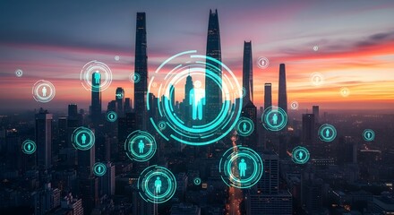 Digital communication network and human icons over a modern city skyline. Concept of future technology and social connection.