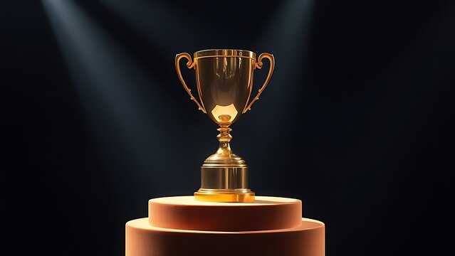 Golden trophy displayed on a velvet pedestal with dramatic lighting and metallic reflections.