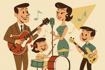 Fototapeta premium Family band performs joyful music at home party in charming retro style, creating lively atmosphere for guests to enjoy. Use for band, music and family themes.