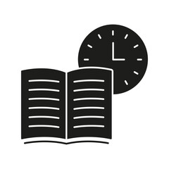 Open Book With Clock Solid Icon. Time Management, Study Scheduling, And Reading Planning Silhouette Symbol. Educational Efficiency. Isolated Vector Illustration